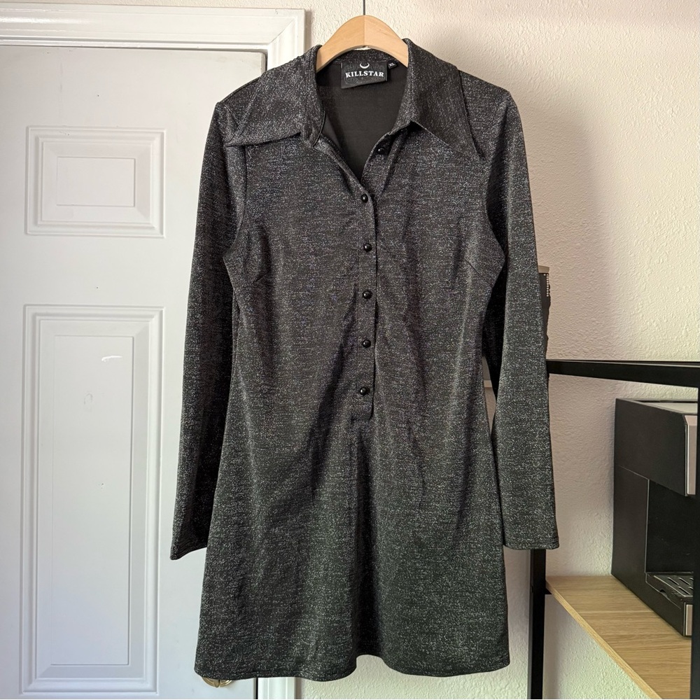 KILLSTAR silver grey sparkle glitter metallic long sleeve popover mini dress